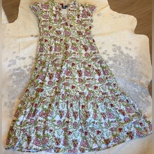 Madison Mathews Floral Print Cotton Midi Dress in White, Red & Green